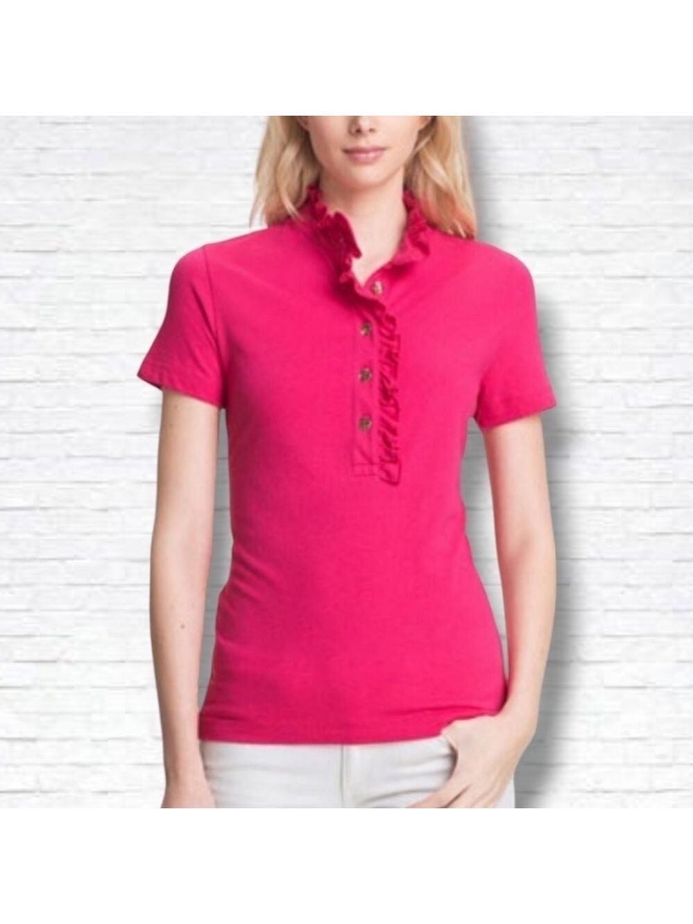 Tory Burch "Lidia" Hot Pink Ruffle Collar 5 Button Short Sleeve Polo Size S